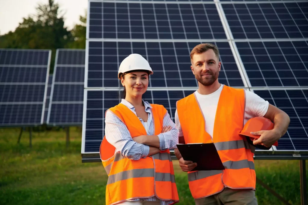 Solar engineers in safety vests at a solar installation